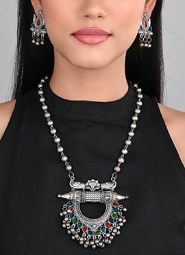 Silver Oxidised Meenakari Pendant Set
