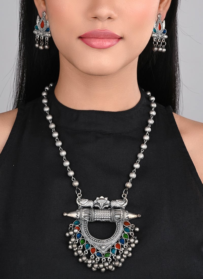 Silver Oxidised Meenakari Pendant Set