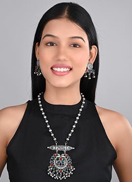 Silver Oxidised Meenakari Pendant Set