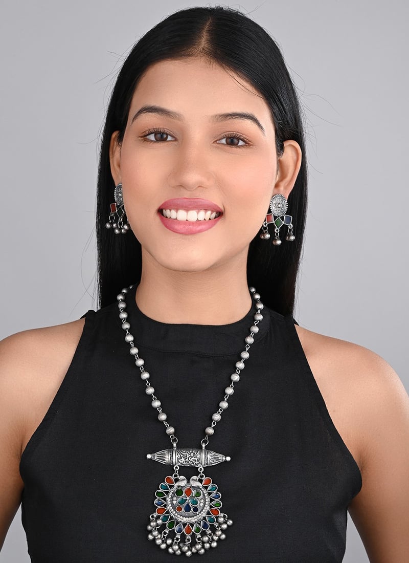 Silver Oxidised Meenakari Pendant Set