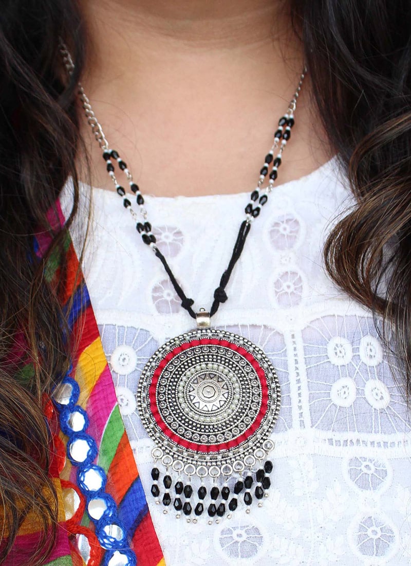 Silver Oxidised Moti And Beads Pendent Set Festive Wear