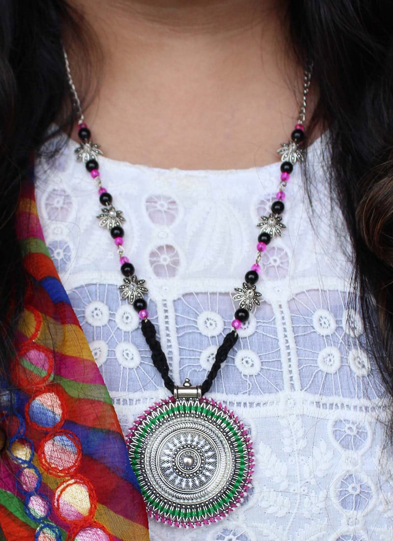 Silver Oxidised Moti And Beads Pendent Set Festive Wear