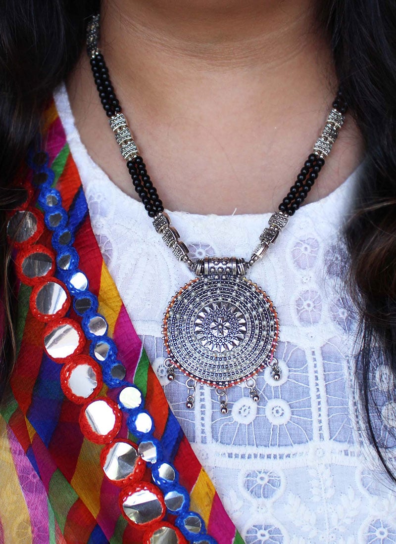 Silver Oxidised Moti Pendent Set Festive Wear