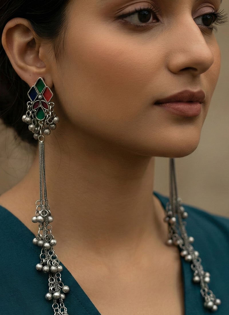 Silver Oxidised Stunning Kundan Danglers Festive Wear