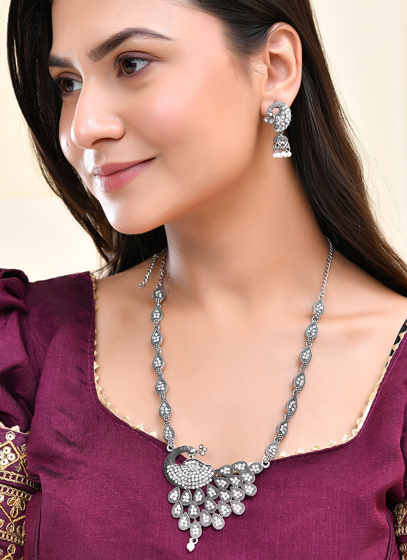 Silver Oxidised With Stone And Moti Peacock Necklace Wedding Wear