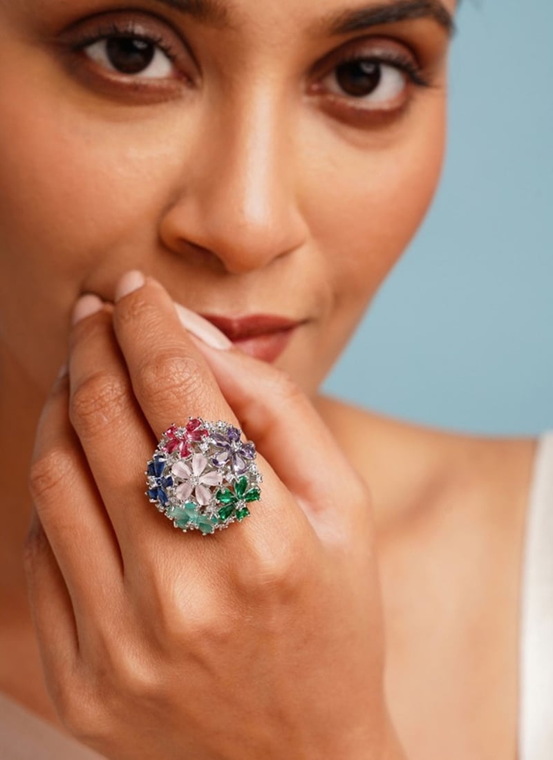 Silver Plated Kundan And Stone Ring