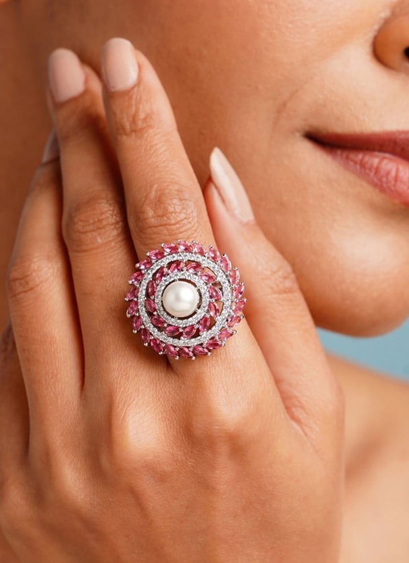 Silver Plated Kundan With Moti And Stone Ring Wedding Wear
