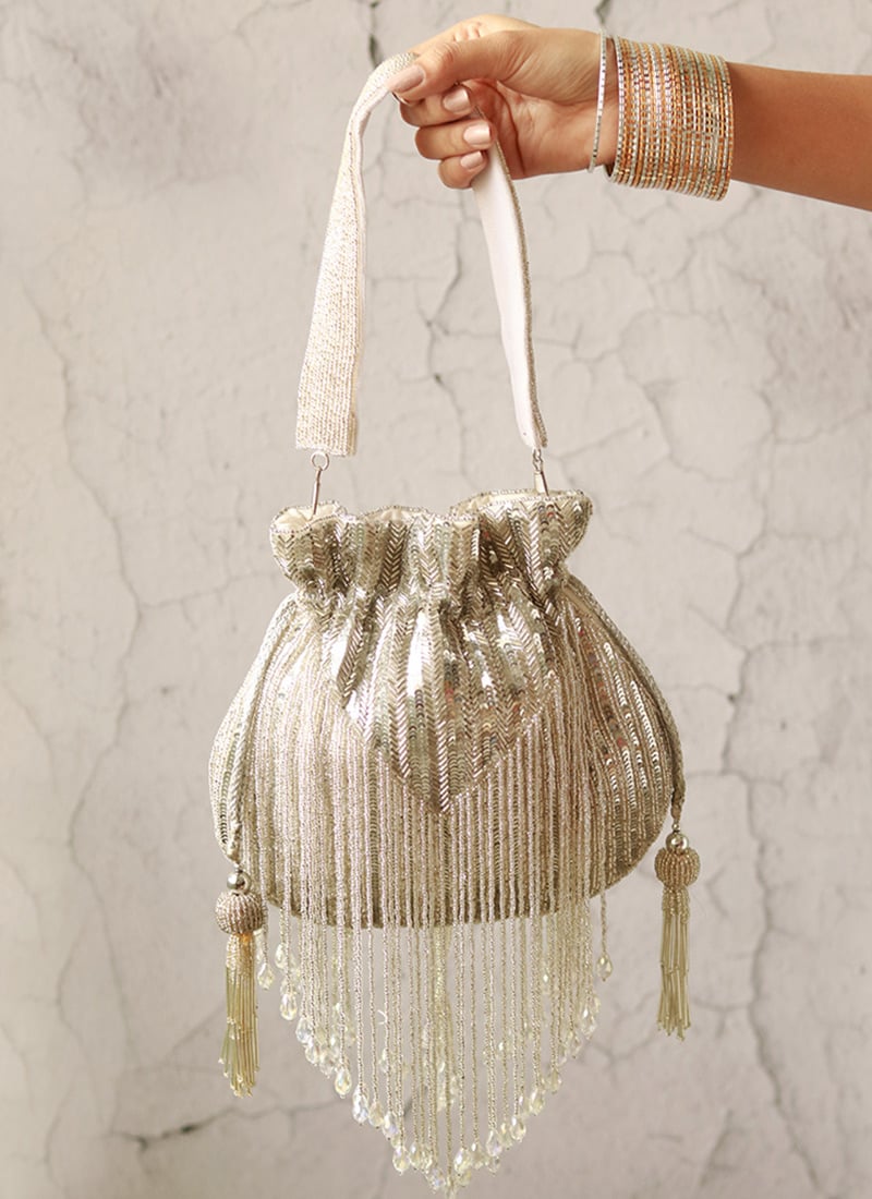 Silver Silk Cut Dana Potli Embossed With Beads And Sequins