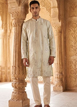 Silver Silk Embroidered Kurta Pyjama For Men