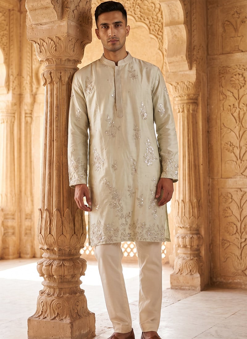 Silver Silk Embroidered Kurta Pyjama For Men Festive Wear