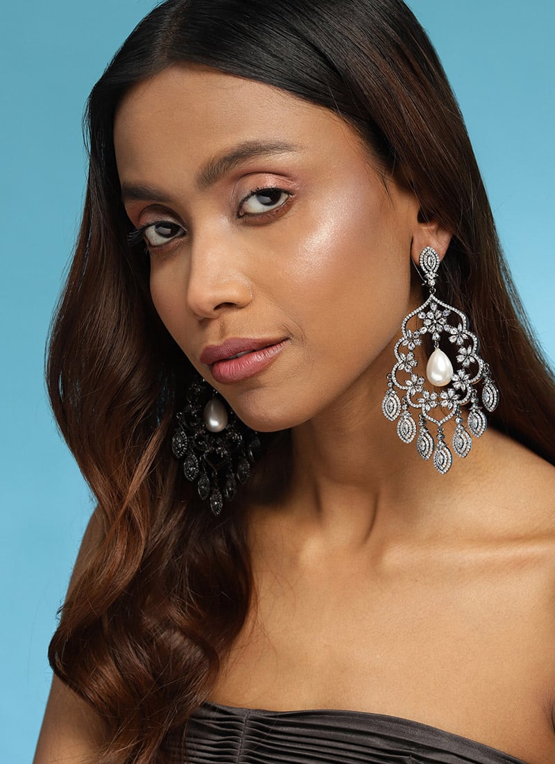 Silver Stone And Moti Adorned Danglers Festive Wear