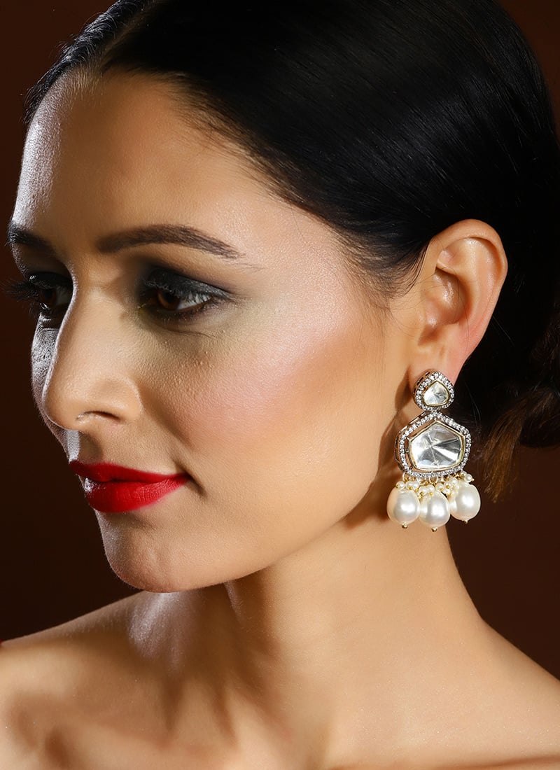 Silver Stone Kundan And Moti Adorned Danglers Festive Wear