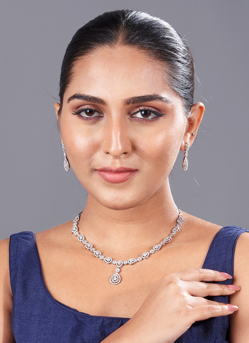 Silver Stone Work Necklace Festive Wear