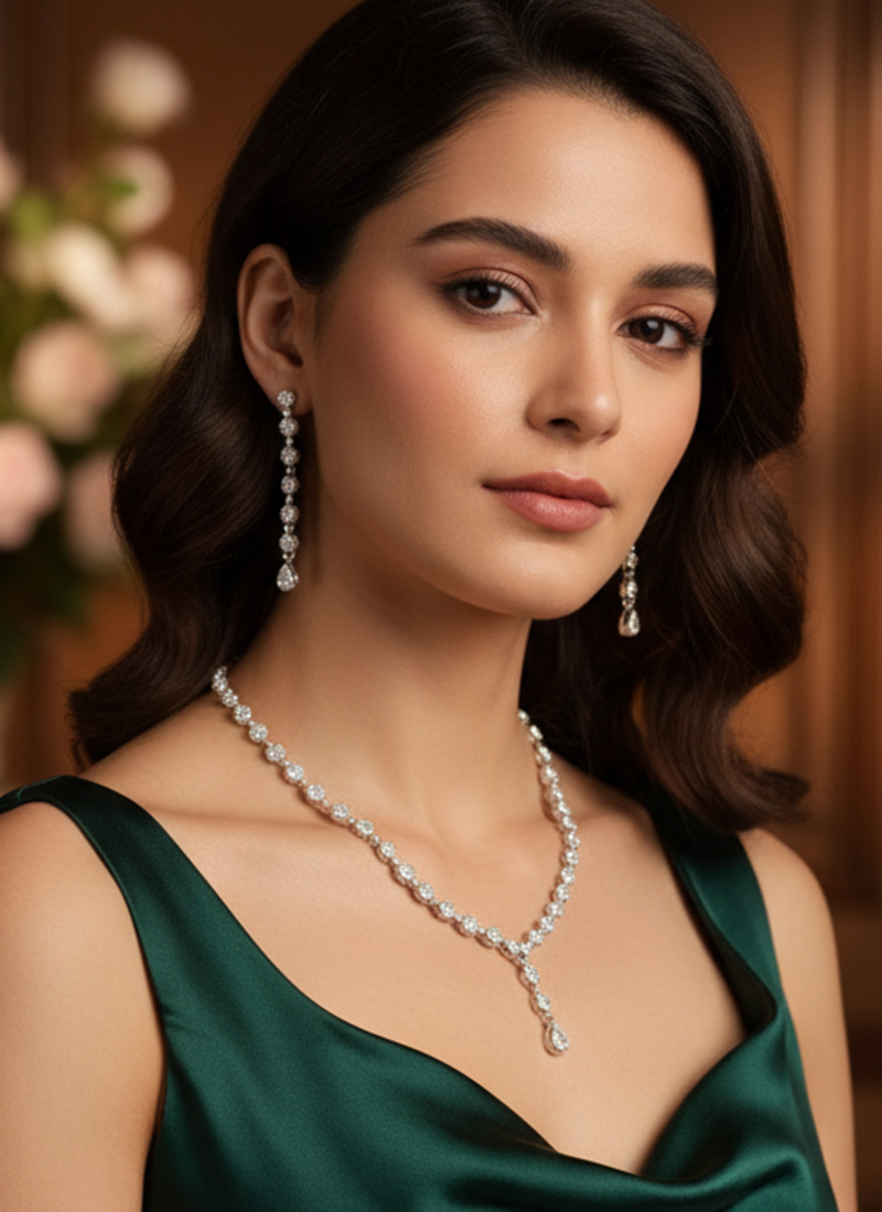 Silver Stone Work Necklace Set Festive Wear