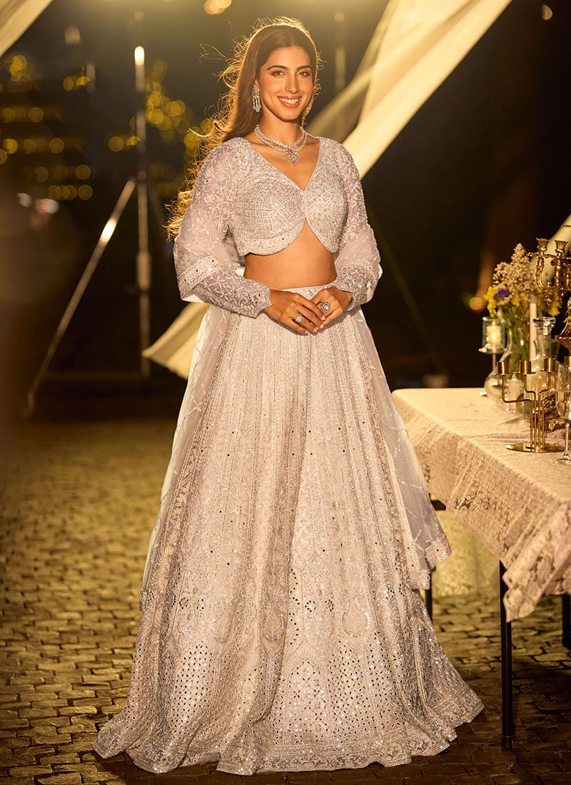 Silver White Net Hand Embroidered Beads Mirror Work Umbrella Lehenga Wedding Wear