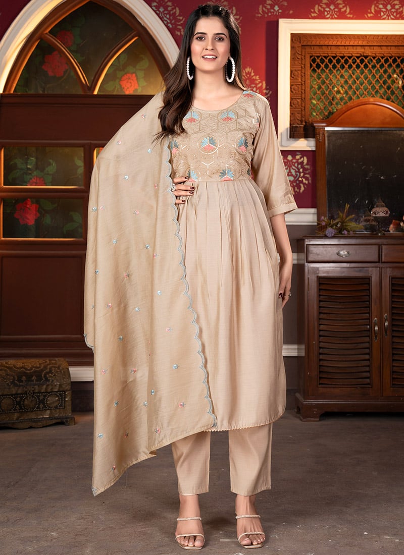 Simple Beige Viscose Chanderi Embroidered Sequins Straight Pant Suit Party Wear