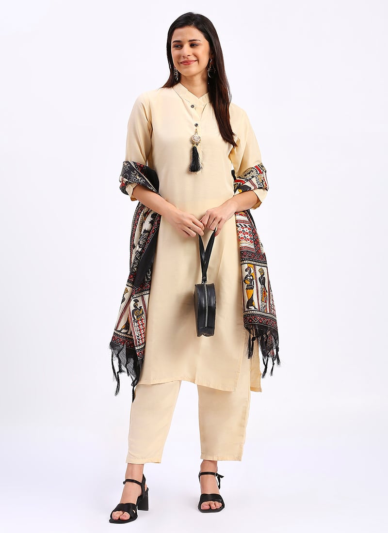 Simple Cream Cotton Straight Pant Suit With Printed Khadi Dupatta  After Six Wear