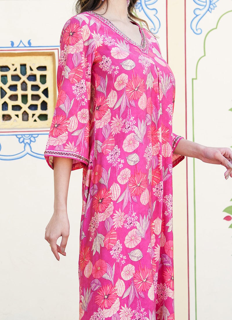 Cream Embroidered & Floral Print Muslin Kurta Set