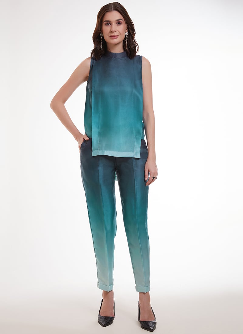 Simple Teal Modal Satin Classy Indowestern Sets