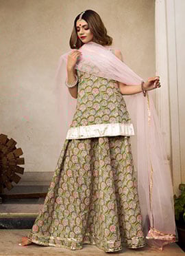 Simple Traditional Green Pure Cotton Gota Long Choli Simple A Line Lehenga