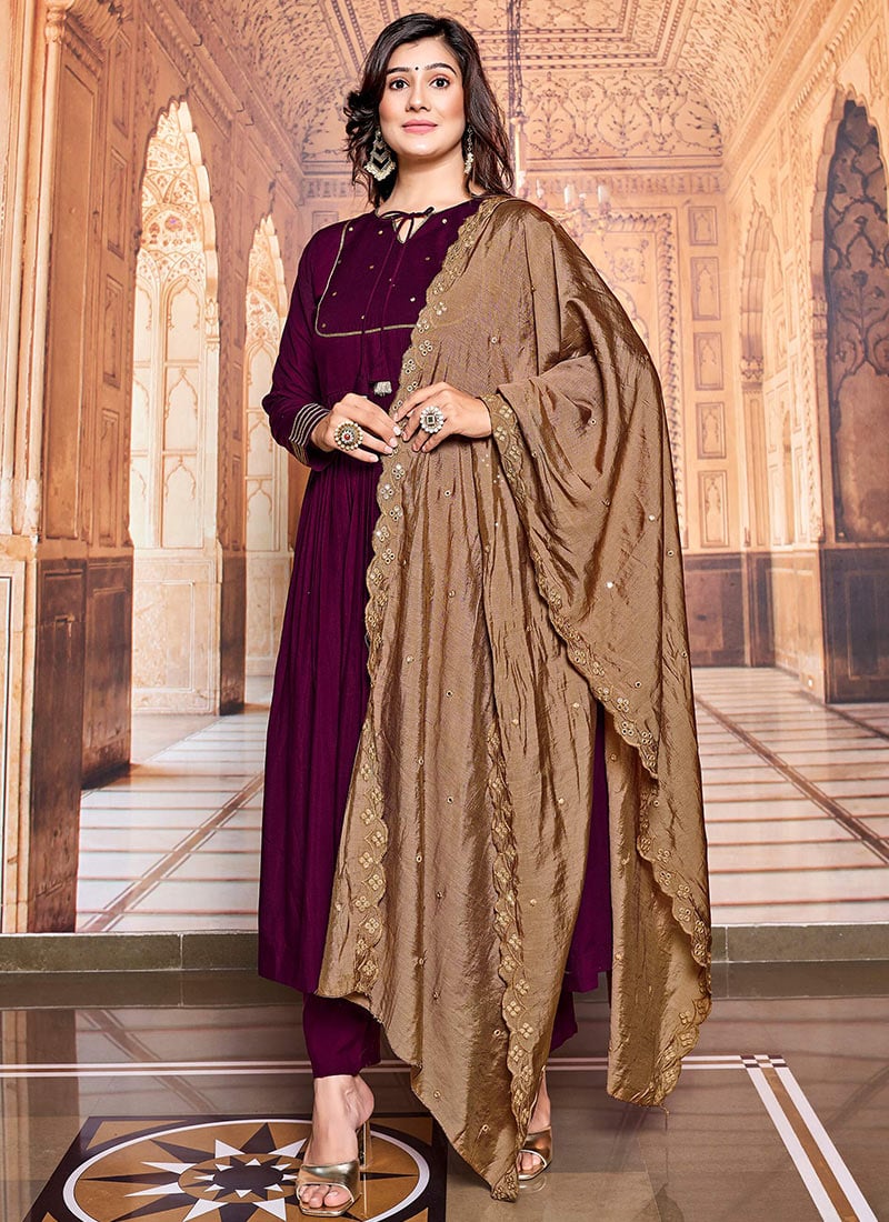 Simple Women Purple Silk Embroidered Gota Work Anarkali Suit