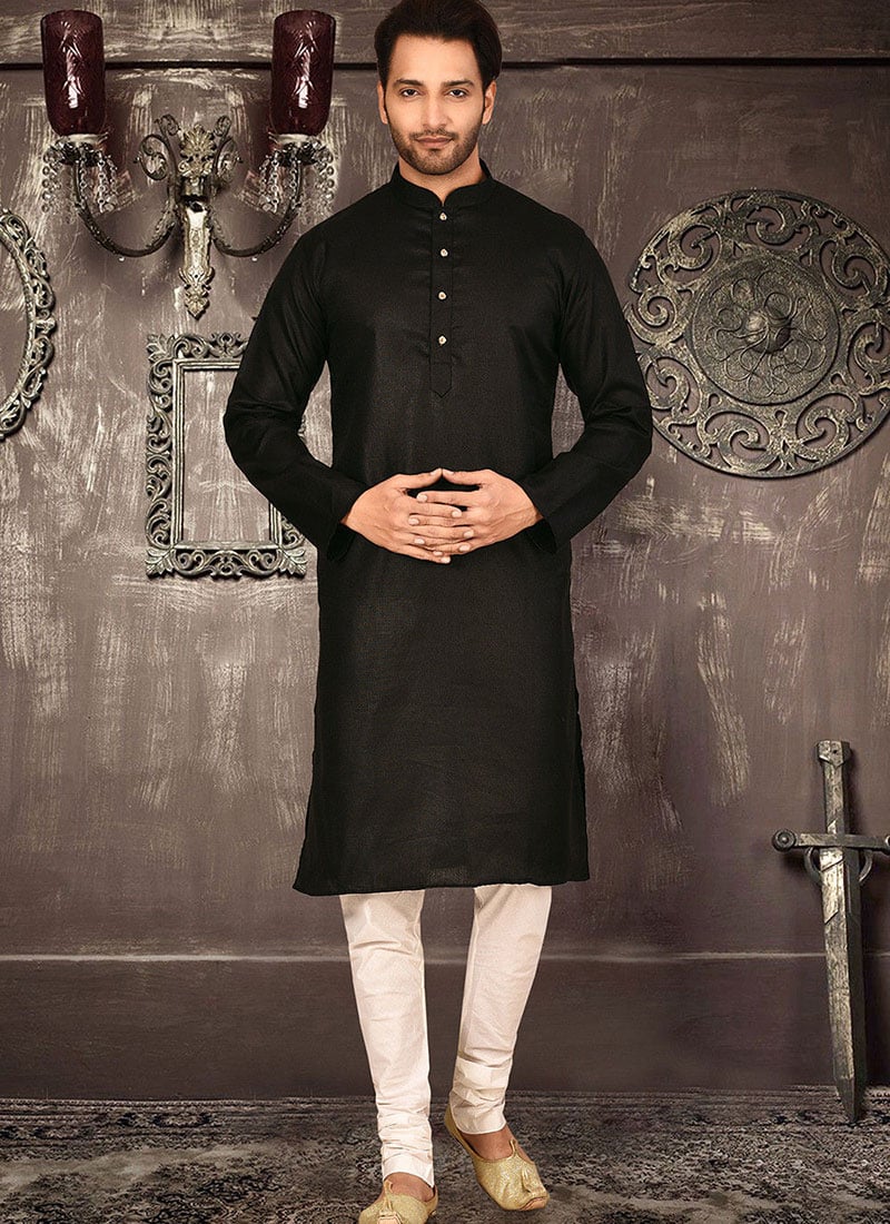 Simply Casual Kurta Pyjama in Black Cotton With Churidar Pants After Six Wear