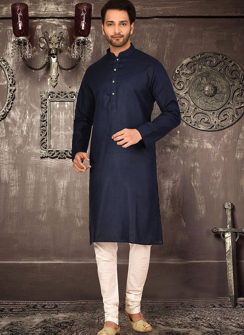 Simply Casual Kurta Pyjama in Blue Cotton With Churidar Pants  After Six Wear