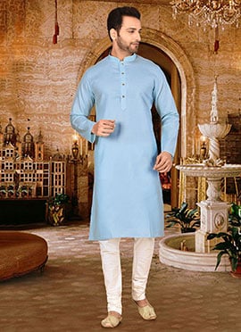 Simply Casual Kurta Pyjama in Blue Cotton With Churidar Pants