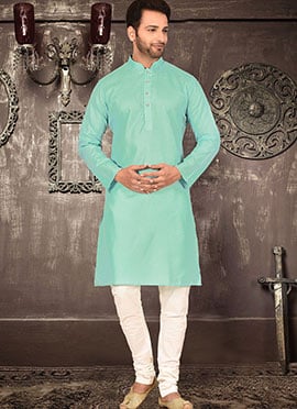 Simply Casual Kurta Pyjama in Turquoise Cotton With Churidar Pants