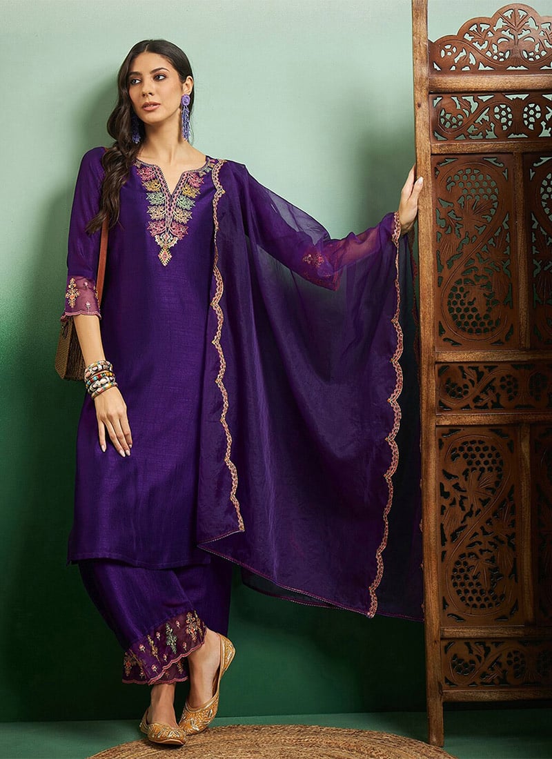 Simply Casual Palazzo Suit In Purple Chanderi Silk Embroidered With Dupatta After Six Wear