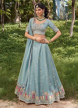 Sky Blue  Tissue Zari Embroidered Sequins Stones Beads Work Lehenga