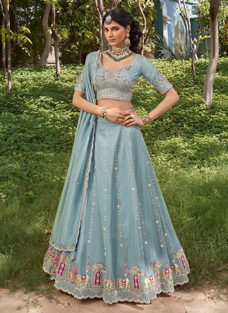 Sky Blue Tissue Zari Embroidered Sequins Stones Beads Work Lehenga Wedding Wear