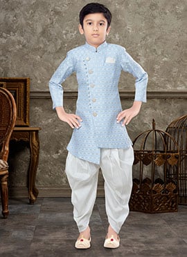 Sky Blue And Off White Art Silk Jacquard Indowestern Sherwani