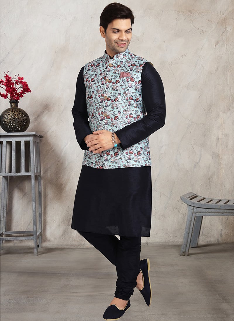 Sky Blue Art Benarasi Silk Printed Bandi Set Party Wear
