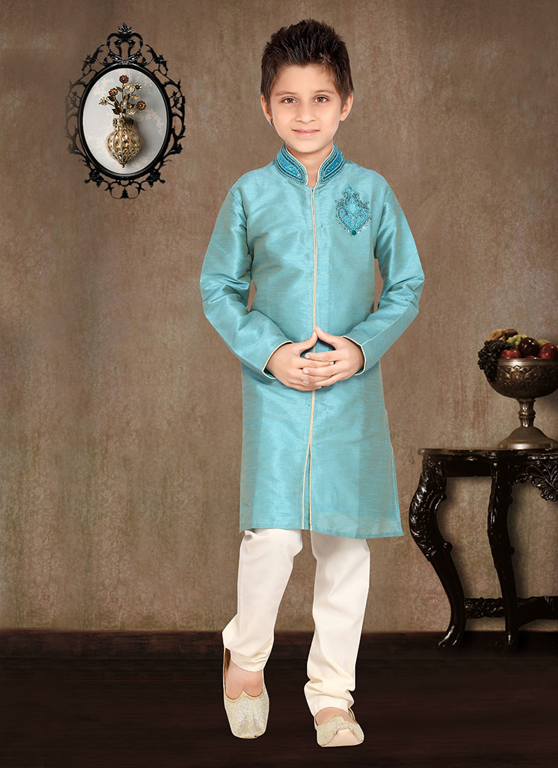 Sky Blue Art Dupion Silk Kids Kurta Pyjama