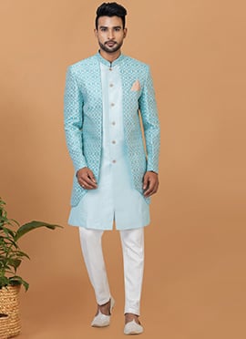 Sky Blue Art Silk Jacquard Indowestern Sherwani
