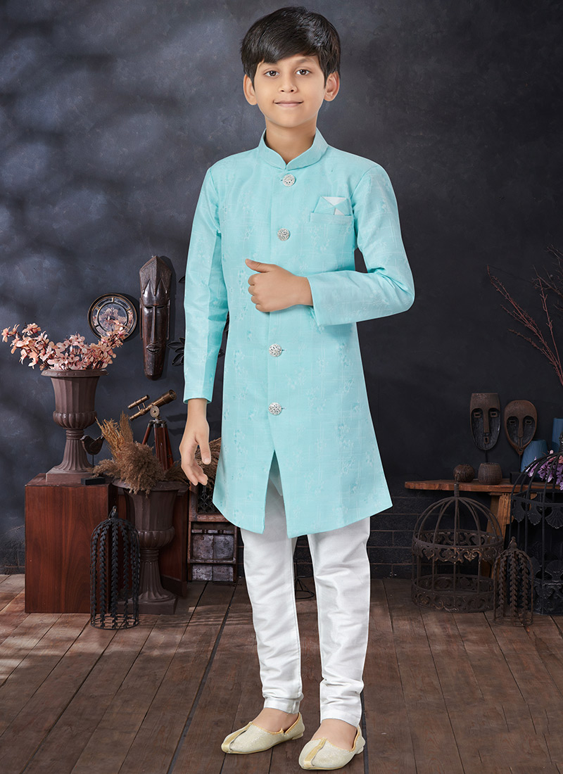 Sky Blue Art Silk Jacquard Kids Boys Indowestern Sherwani Party Wear