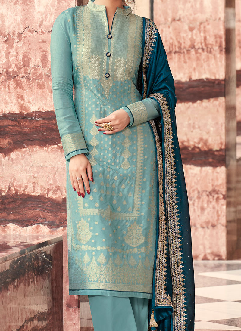 Light Blue Pure Art Silk Pant Salwar Suits