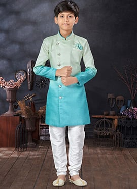 Sky Blue Art Silk Kids Boys Indowestern Sherwani