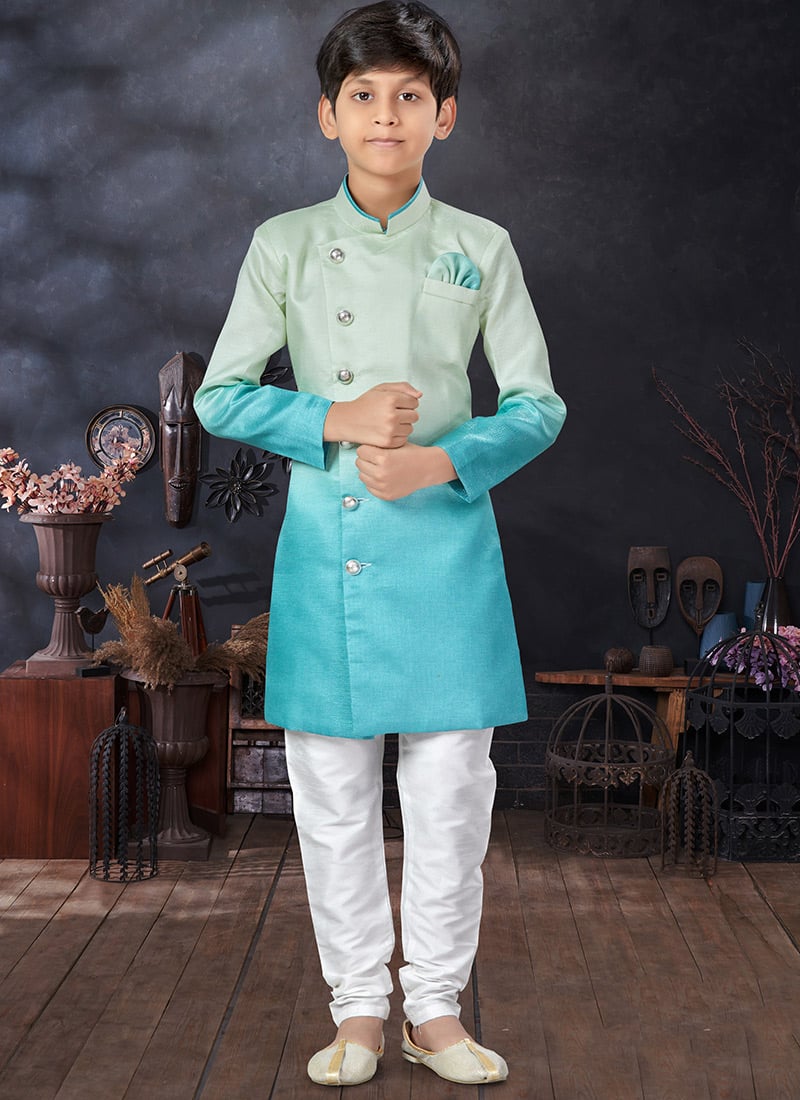 Sky Blue Art Silk Kids Boys Indowestern Sherwani Party Wear