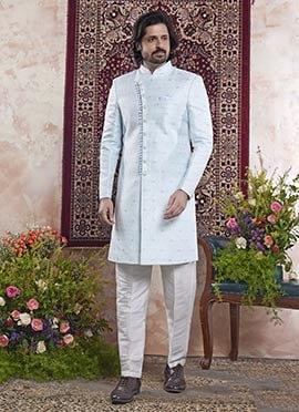 Sky Blue Banarasi Jacquard Indowestern Sherwani