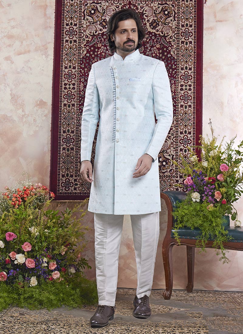 Sky Blue Banarasi Jacquard Indowestern Sherwani Wedding Wear