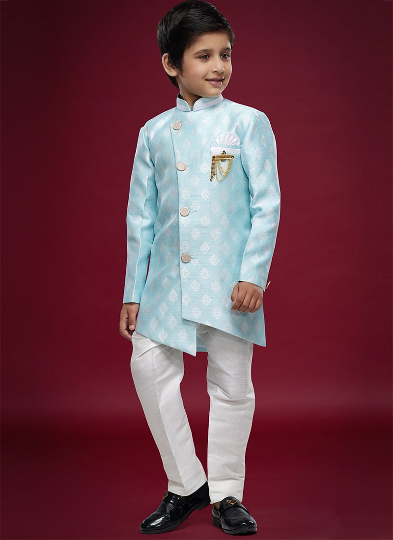 Sky Blue Banarasi Jacquard Kids Boys Indowestern Sherwani