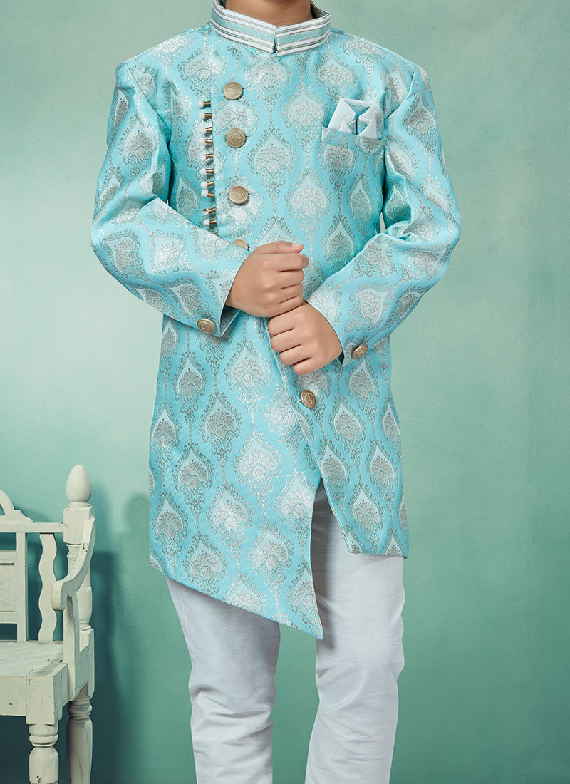 Buy Sky Blue Banarasi Silk Jacquard Indowestern Sherwani Party Wear