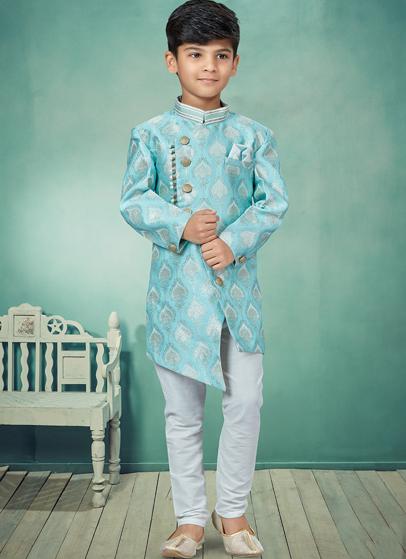 Sky Blue Banarasi Silk Jacquard Indowestern Sherwani Party Wear