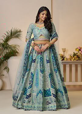 Sky Blue Banarasi Silk Zari Embroidered Sequins With Stone Work Lehenga