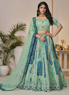 Sky Blue Banarasi Silk Zari Embroidered Sequins With Stone Work Lehenga