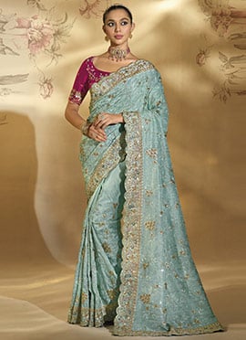 Sky Blue Banarasi Silk Zari Sequins Stones Embroidered Thread Saree