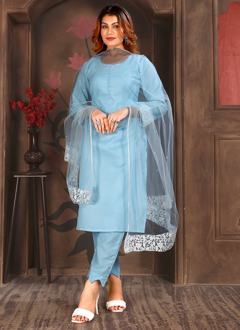 Sky Blue Blended Cotton Embroidered Straight Pant Suit After Six Wear