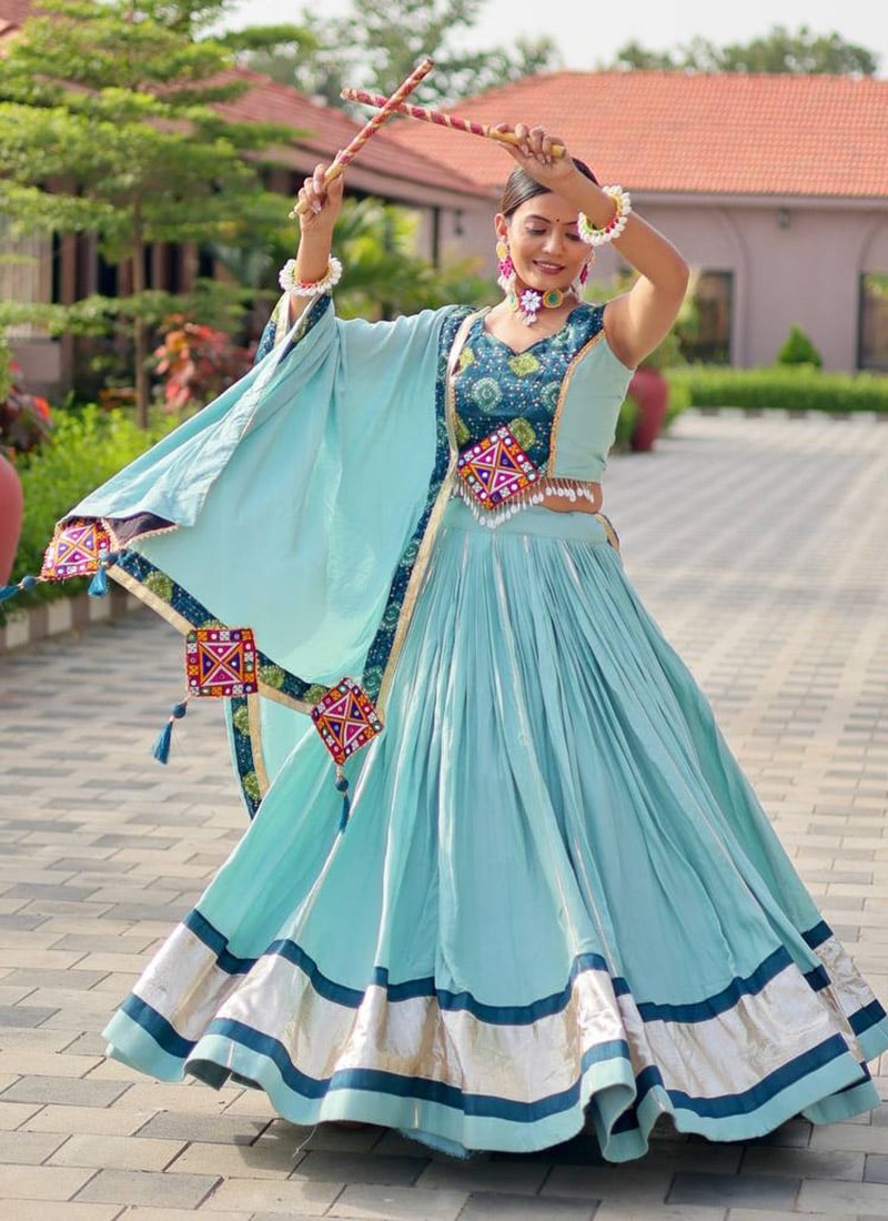 Sky Blue Blended Cotton Kutch Printed Chaniya Choli Festive Wear